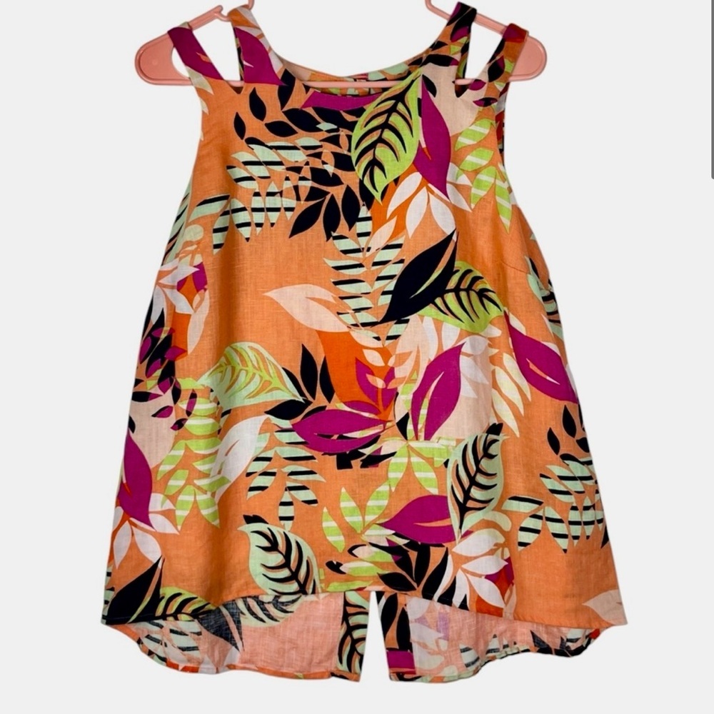 Tropical Leaf Print Linen Sleeveless High-Low Top by Kaari.  Women’s sized M